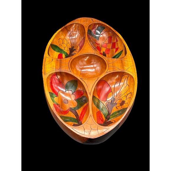 VTG MCM Hand-Carved Exotic Wood Divided Serving Bowl W/ Hand-Painted Floral Desi - Picture 3 of 13